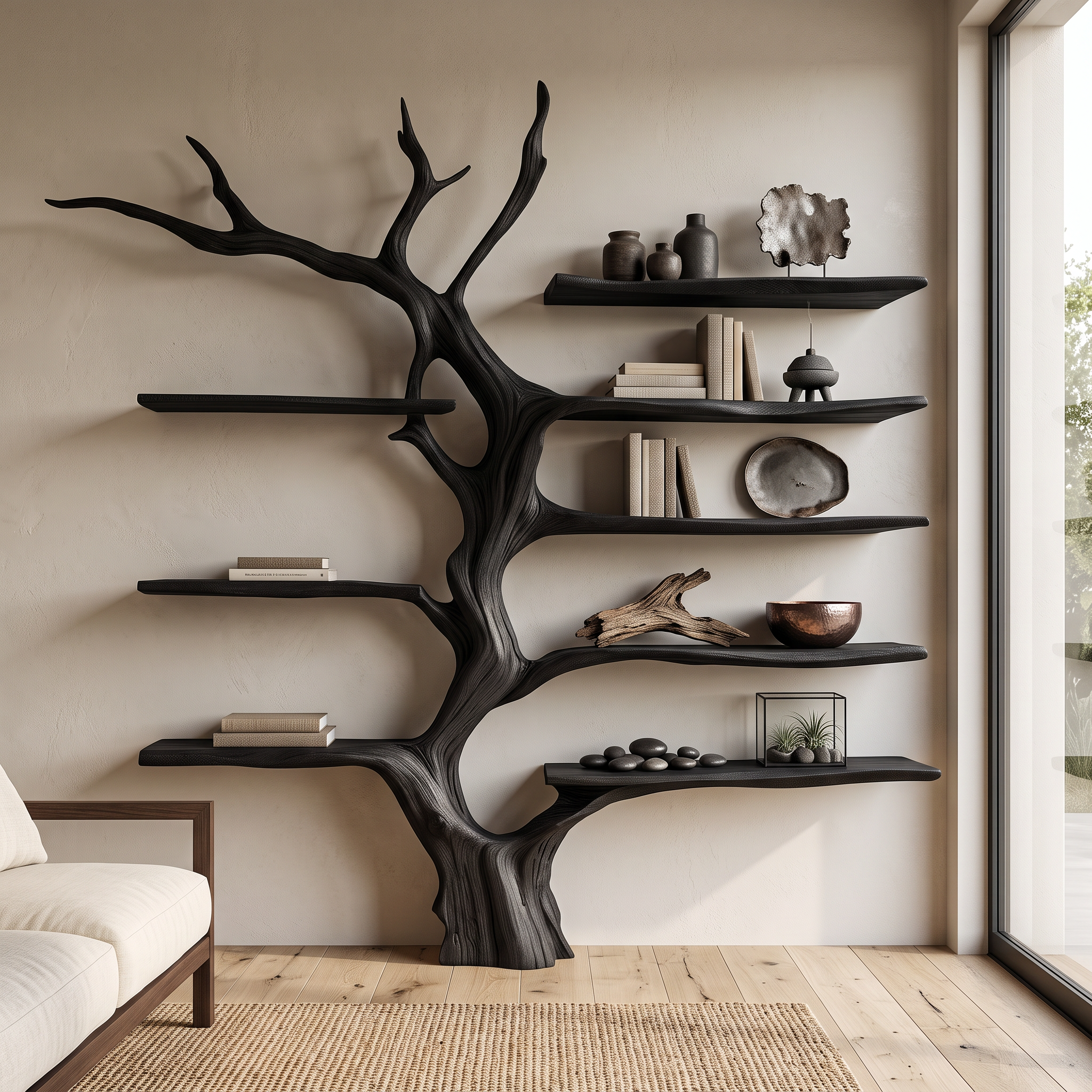 Sculptural Tree Bookcase Artistic Wooden Wall Shelf