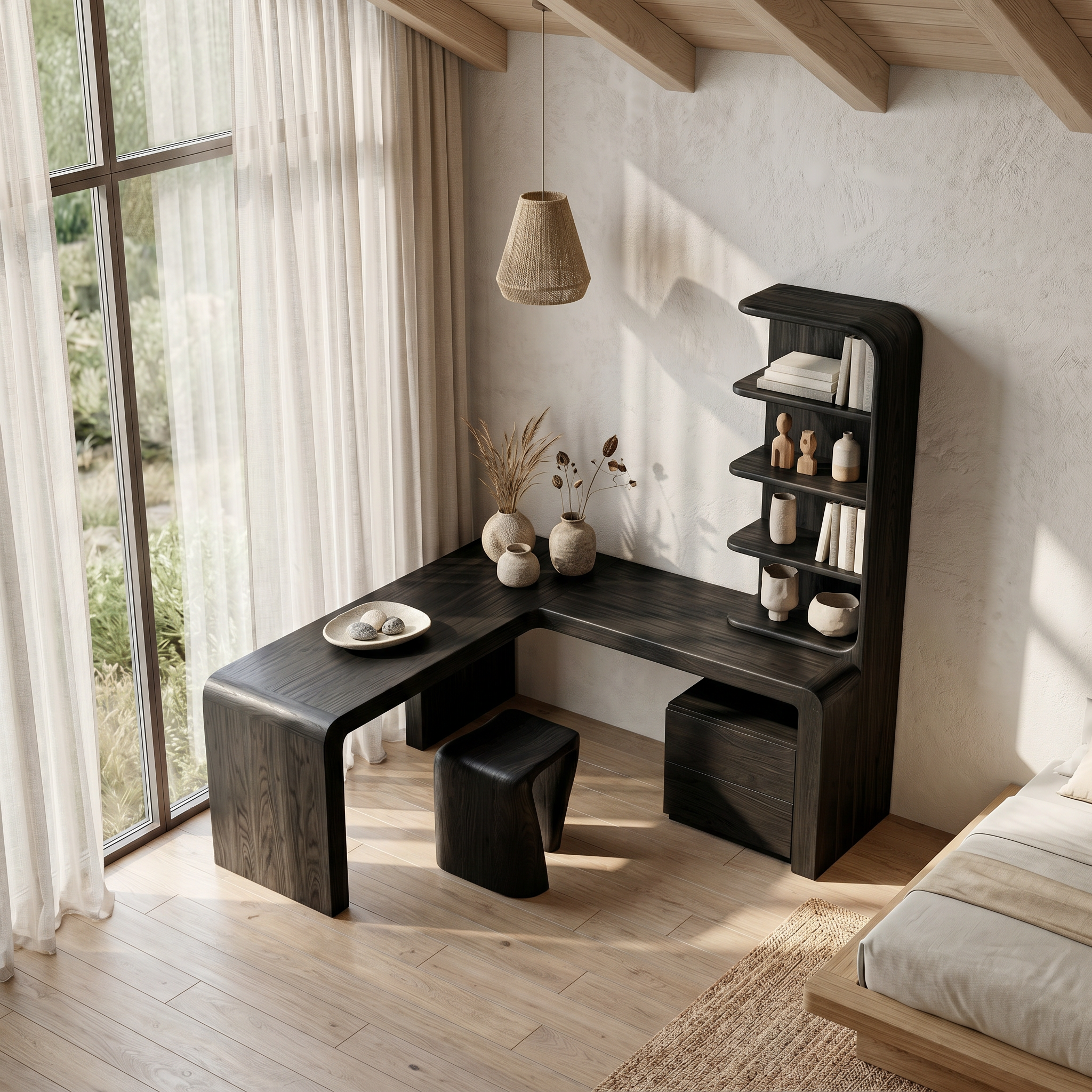 Organic Desk With Storage Shelves And Cabinet For Home Office