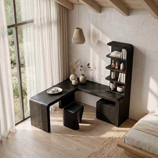 Organic Desk With Storage Shelves And Cabinet For Home Office