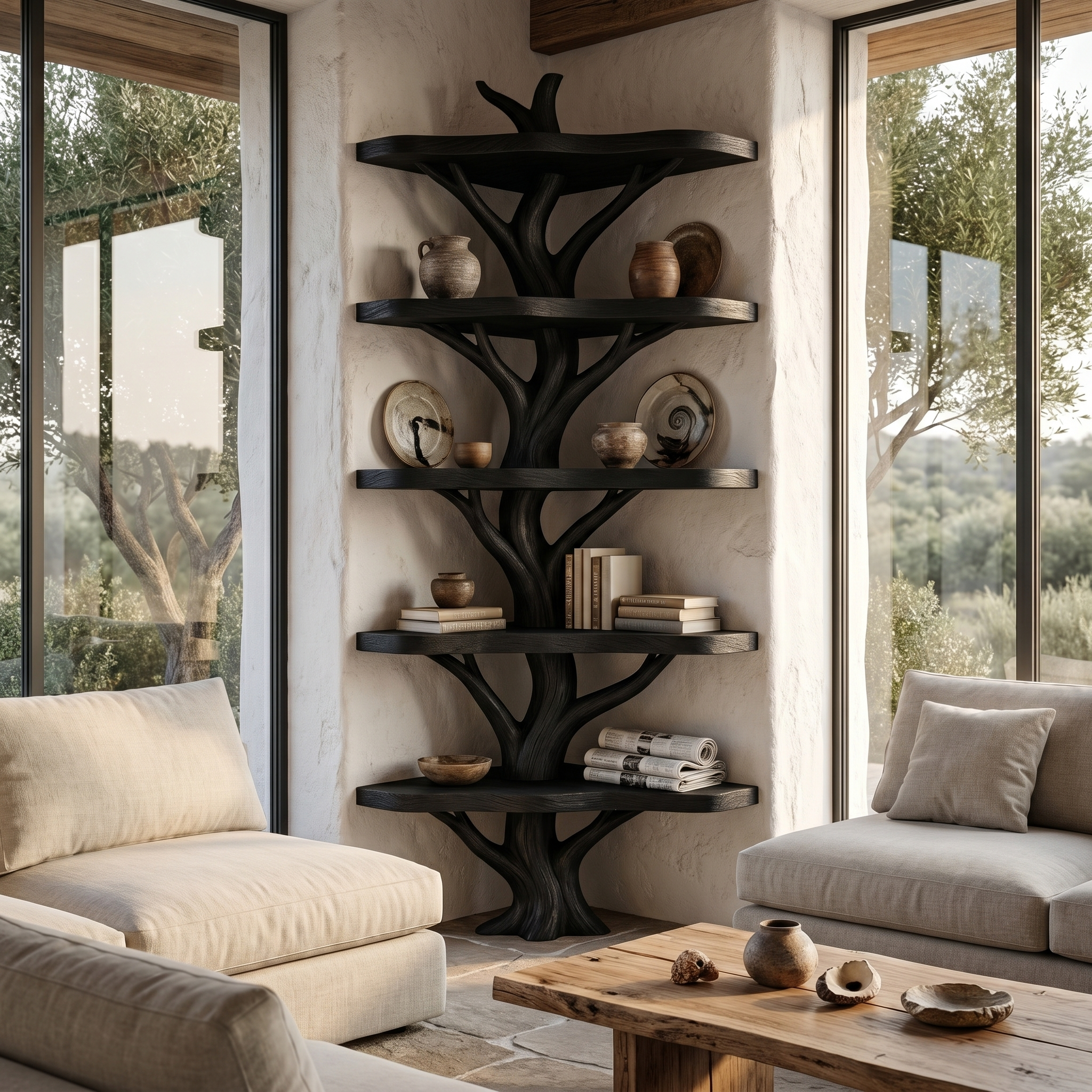 Sculptural Tree Bookshelf With Multi Tier Open Shelving For Reading Corner