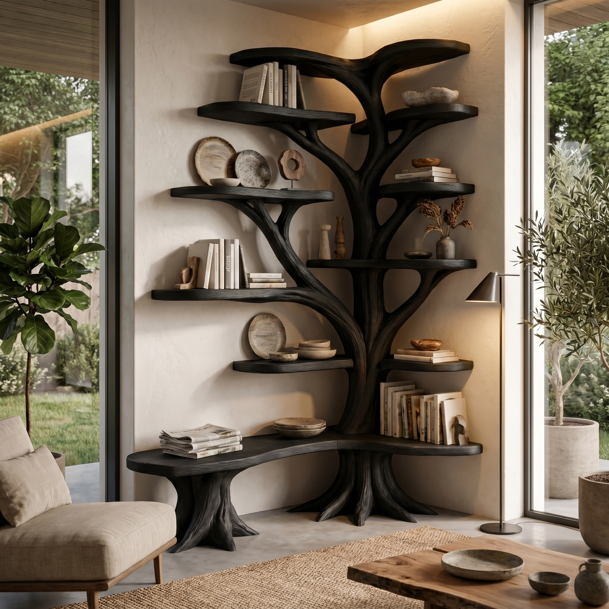 Organic Tree Bookshelf With Sculptural Branch Design And Multi Tier Display Shelves For Living Room.