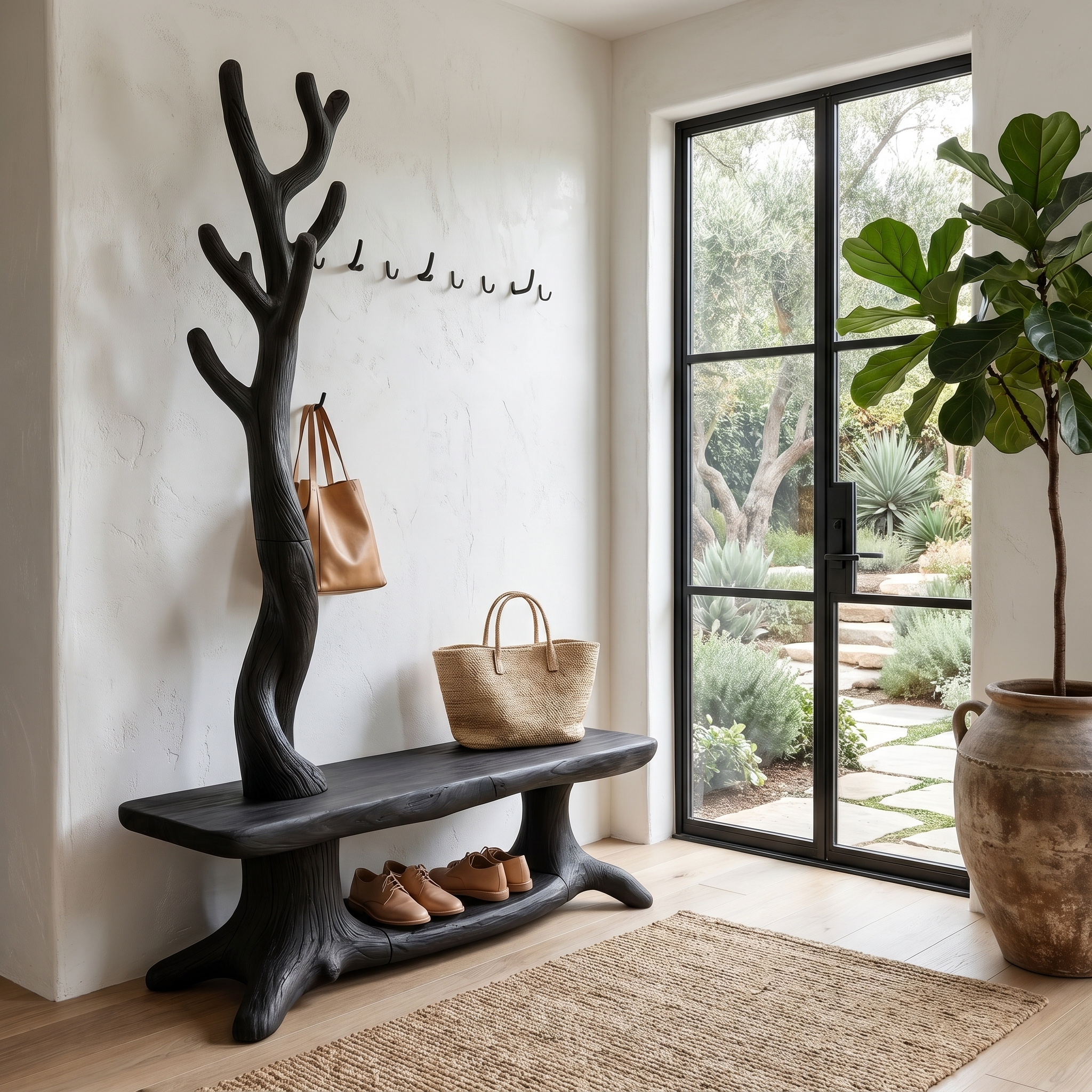 Rustic Shoe Storage Bench With Branch Coat Rack For Entryway