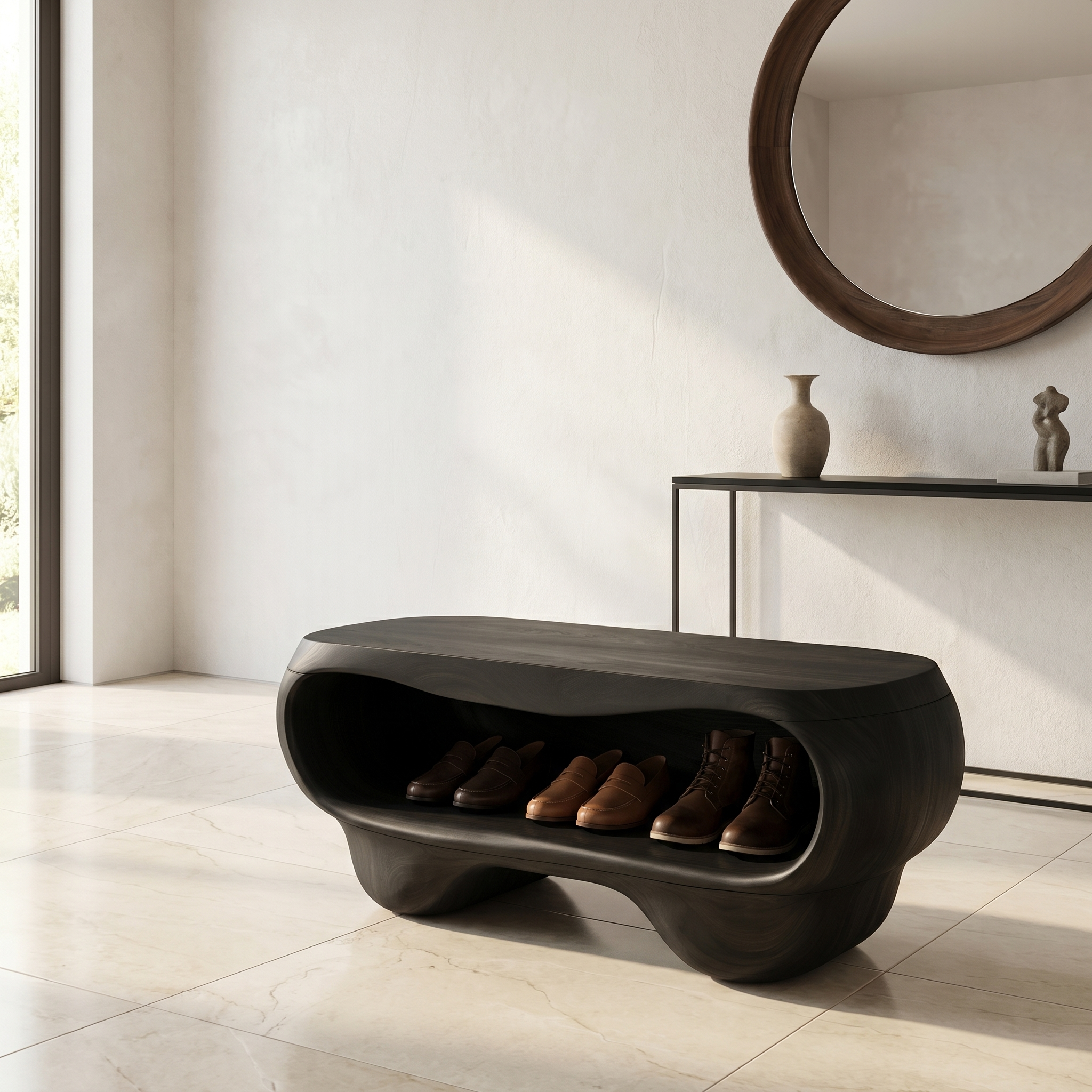 Organic Shoe Bench With Rounded Storage Shelves For Entryway