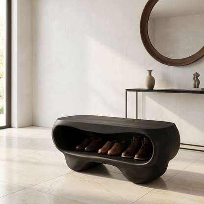 Organic Shoe Bench With Rounded Storage Shelves For Entryway