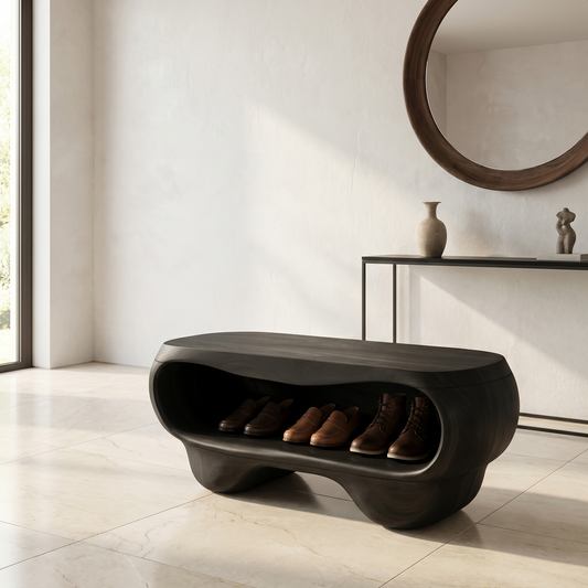 Organic Shoe Bench With Rounded Storage Shelves For Entryway