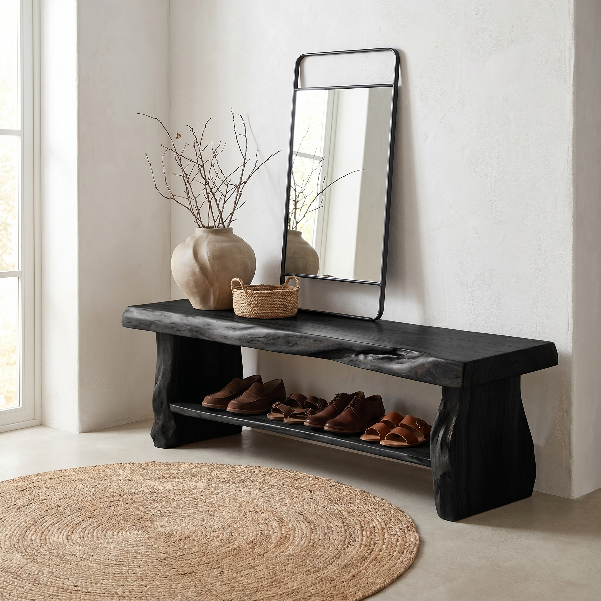Rustic Shoe Bench Natural Wood Storage For Entryway