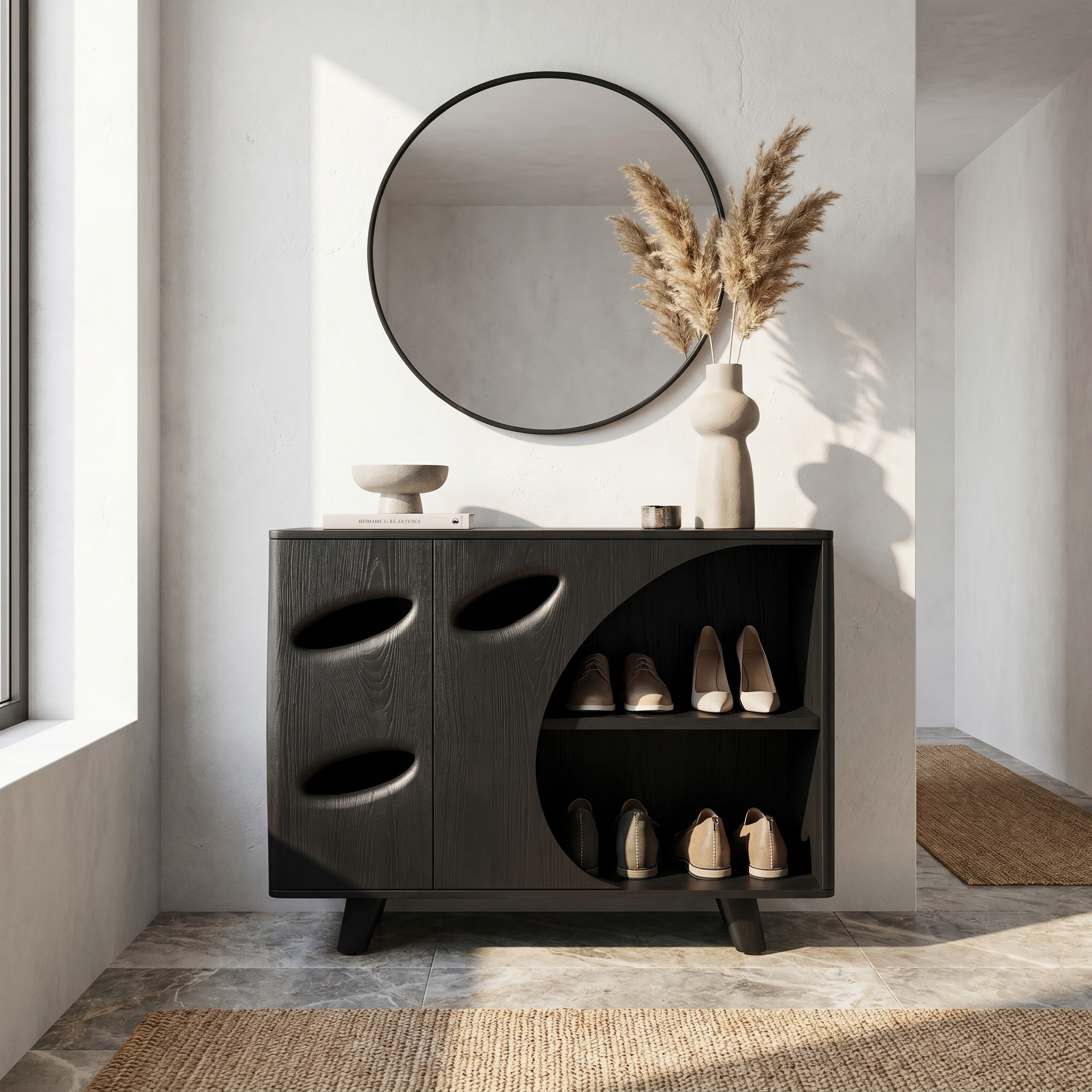 Mid Century Shoe Cabinet Organic Cutout Design For Entryway