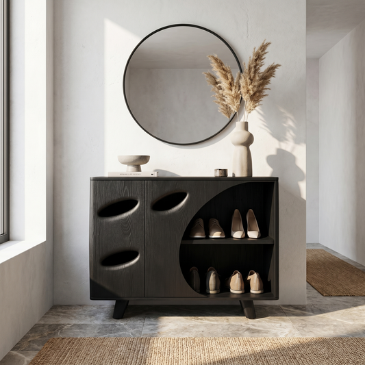 Mid Century Shoe Cabinet Organic Cutout Design For Entryway