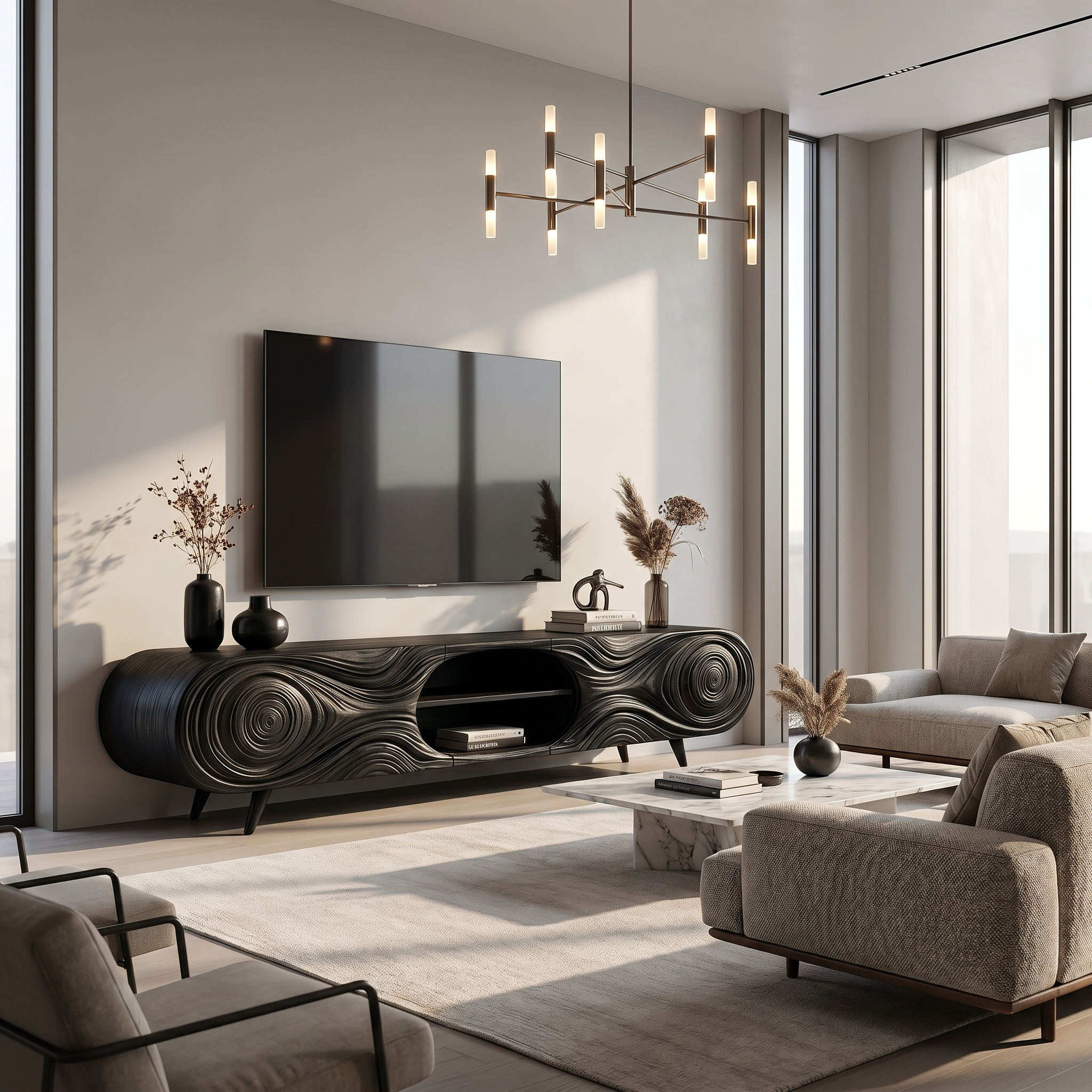 Organic Modern TV Cabinet Sculptural Wood Grain Design For Living Room