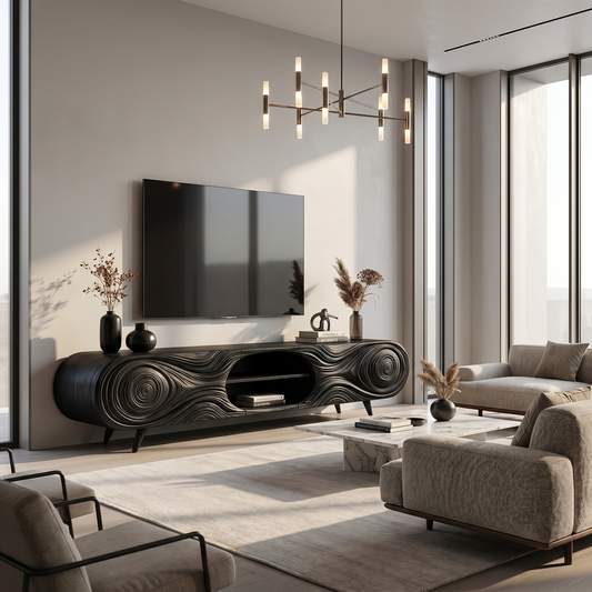 Organic Modern TV Cabinet Sculptural Wood Grain Design For Living Room