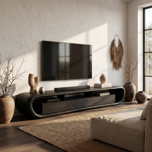 Organic TV Cabinet With Built In Storage And Rounded Curved Edges For Living Room