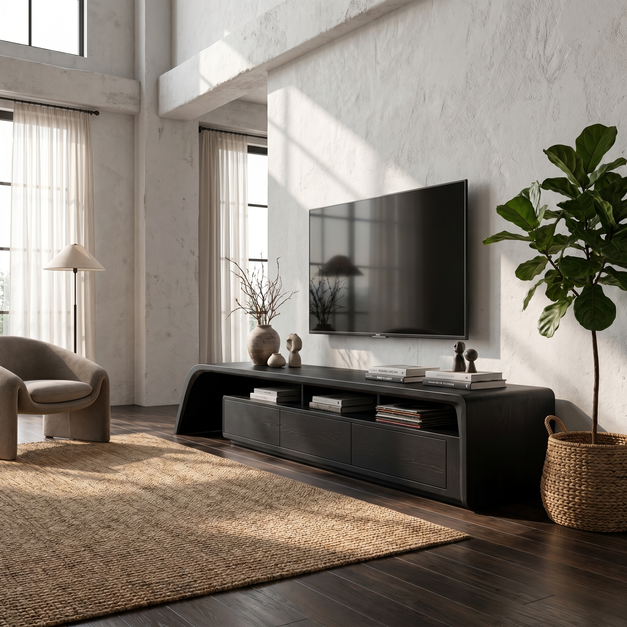 Modern TV Cabinet With Built In Storage And Rounded Curved Edges For Living Room