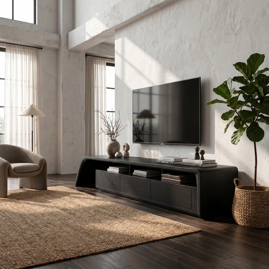 Modern TV Cabinet With Built In Storage And Rounded Curved Edges For Living Room