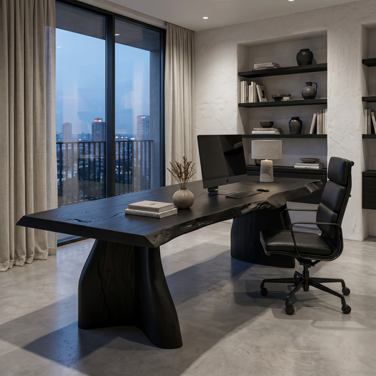 Rustic Live Edge Executive Desk With Sculptural Solid Wood Base For Home Office