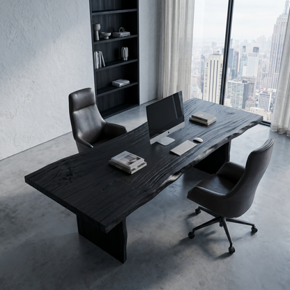 Rustic Live Edge Wooden Desk With Solid Wood Pedestal Base For Home Office