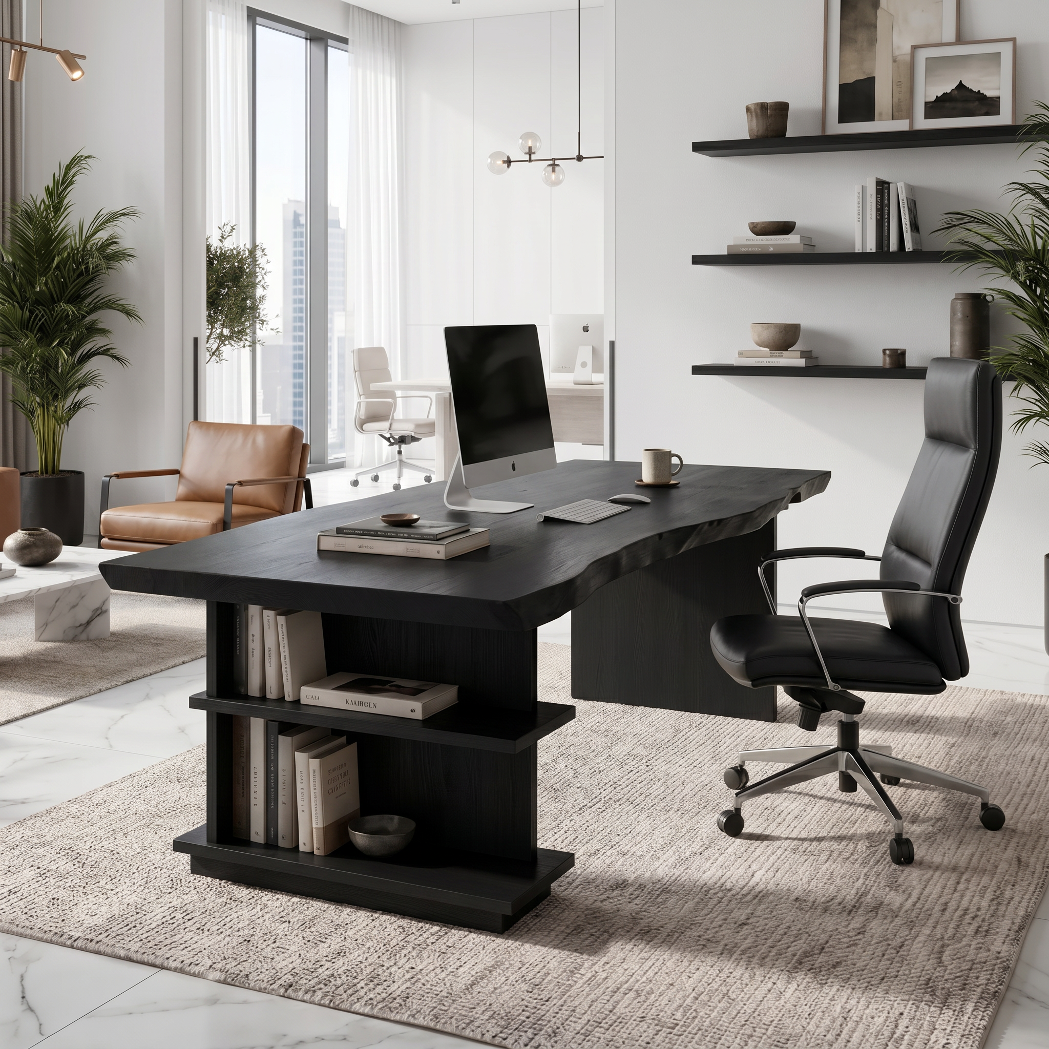 Rustic Executive Desk With Built In Bookshelf And Solid Wood Design For Home Office