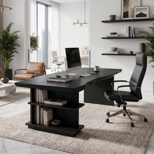 Rustic Executive Desk With Built In Bookshelf And Solid Wood Design For Home Office