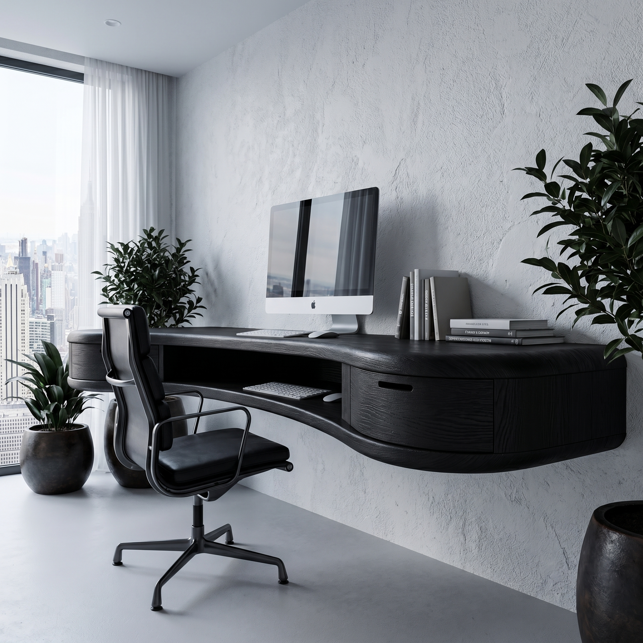 Modern Floating Desk With Built In Drawer Storage And Curved Wood Design For Home Office And Workspace