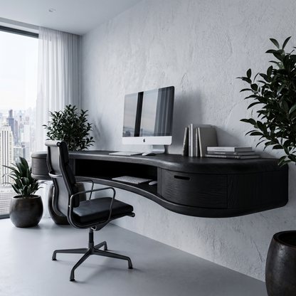 Modern Floating Desk With Built In Drawer Storage And Curved Wood Design For Home Office And Workspace