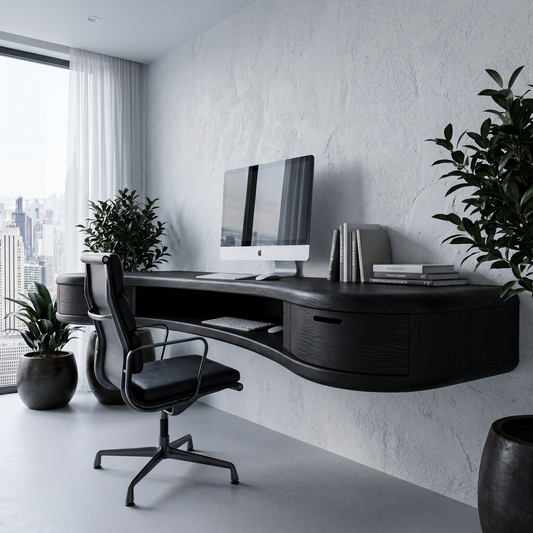 Modern Floating Desk With Built In Drawer Storage And Curved Wood Design For Home Office And Workspace