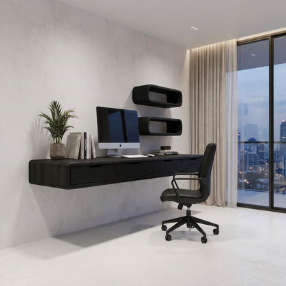 Modern Floating Desk With Built In Drawer Storage And Wall Mounted Shelves For Home Office And Workspace