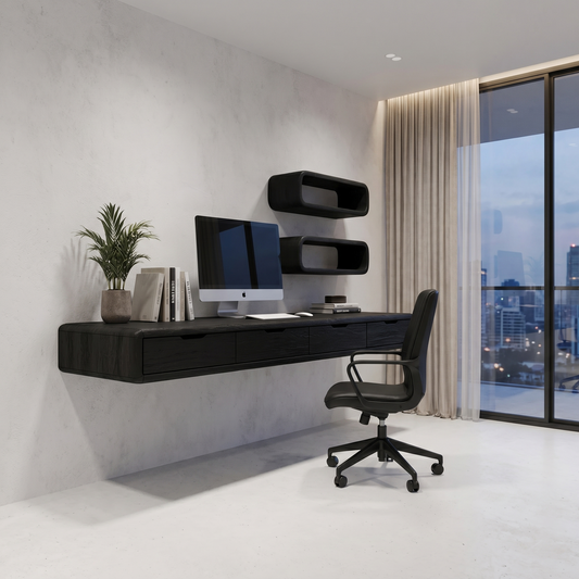 Modern Floating Desk With Built In Drawer Storage And Wall Mounted Shelves For Home Office And Workspace