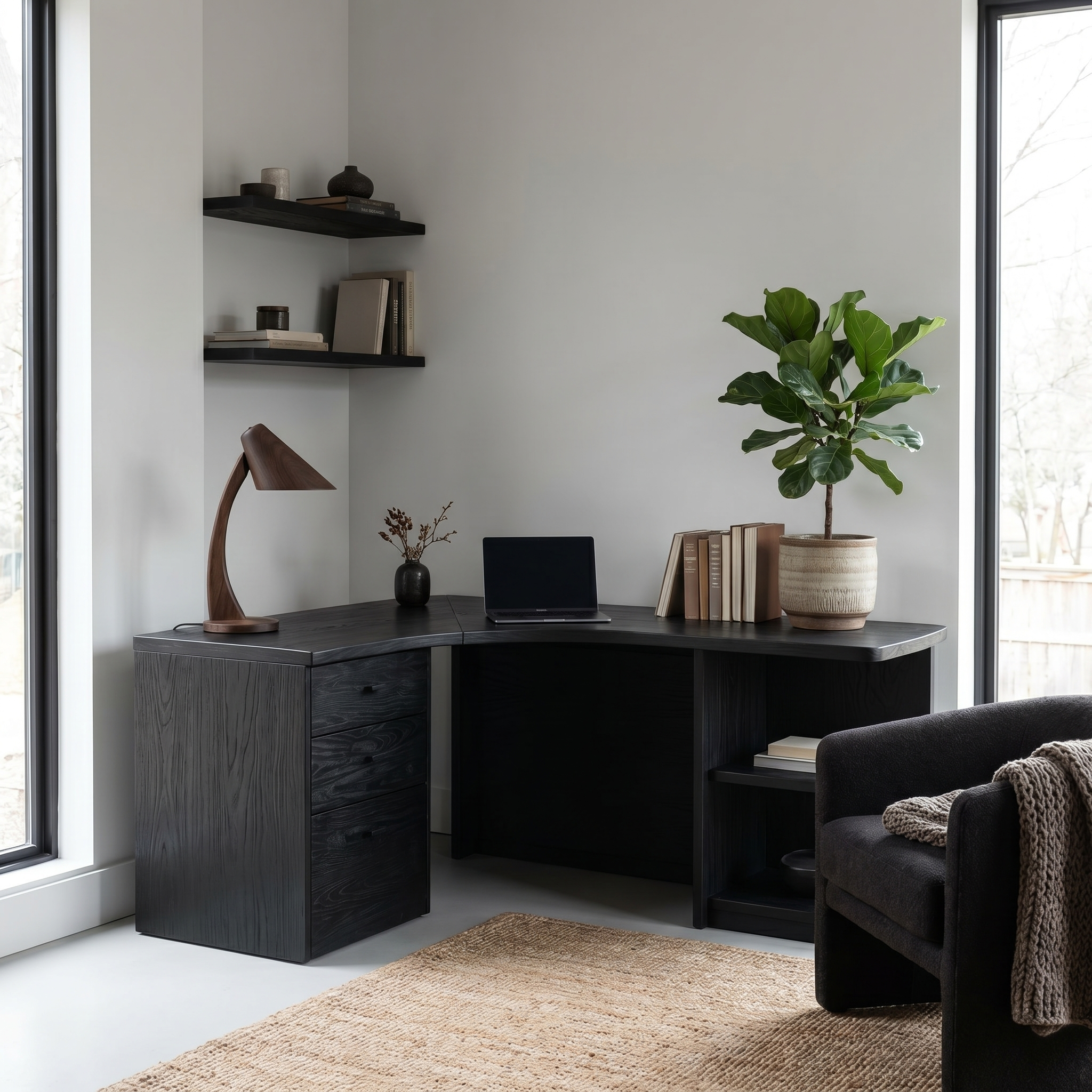 Modern Corner Desk With Built In Drawer Storage And Open Shelves For Home Office And Workspace