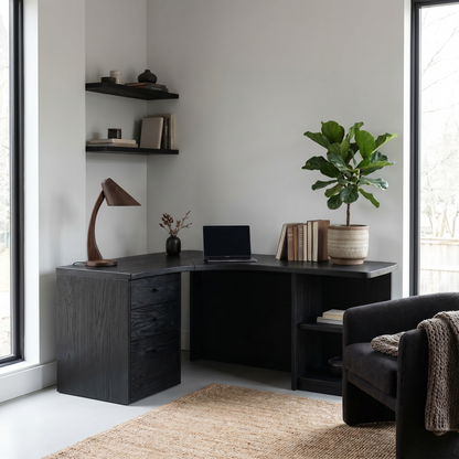 Modern Corner Desk With Built In Drawer Storage And Open Shelves For Home Office And Workspace