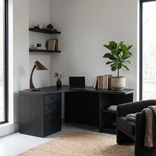Modern Corner Desk With Built In Drawer Storage And Open Shelves For Home Office And Workspace