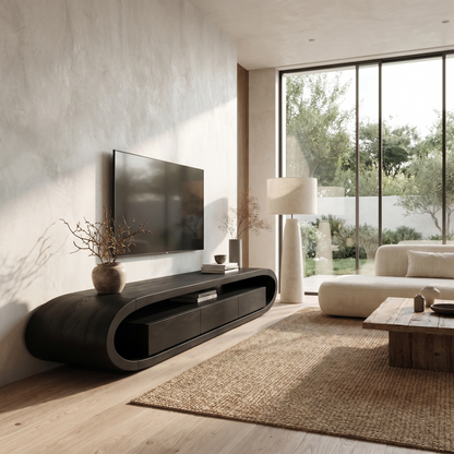 Organic TV Cabinet With Curved Solid Wood Design And Built In Drawer Storage For Living Room