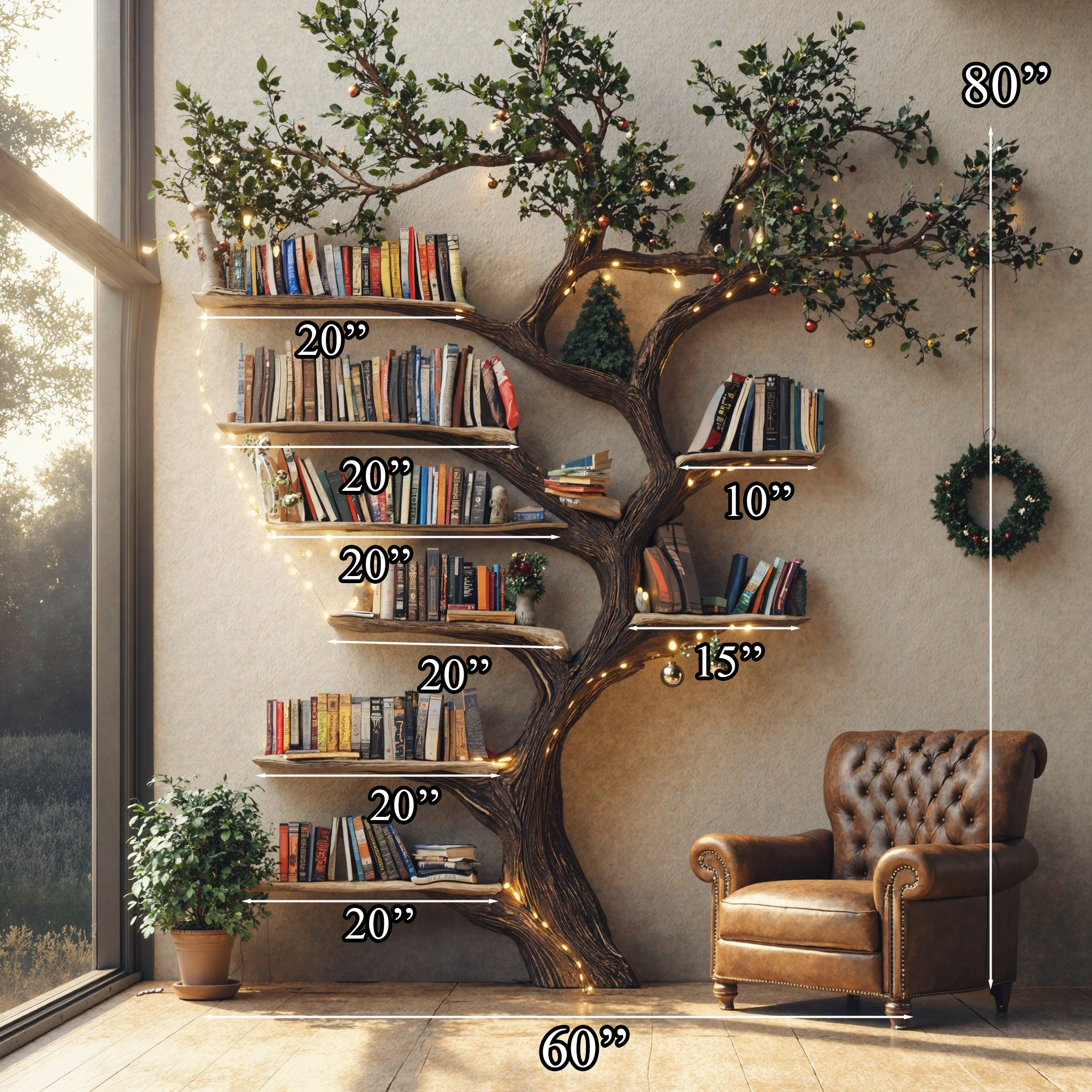 Black Tree Branch Bookshelf Wall Mount Mid Century