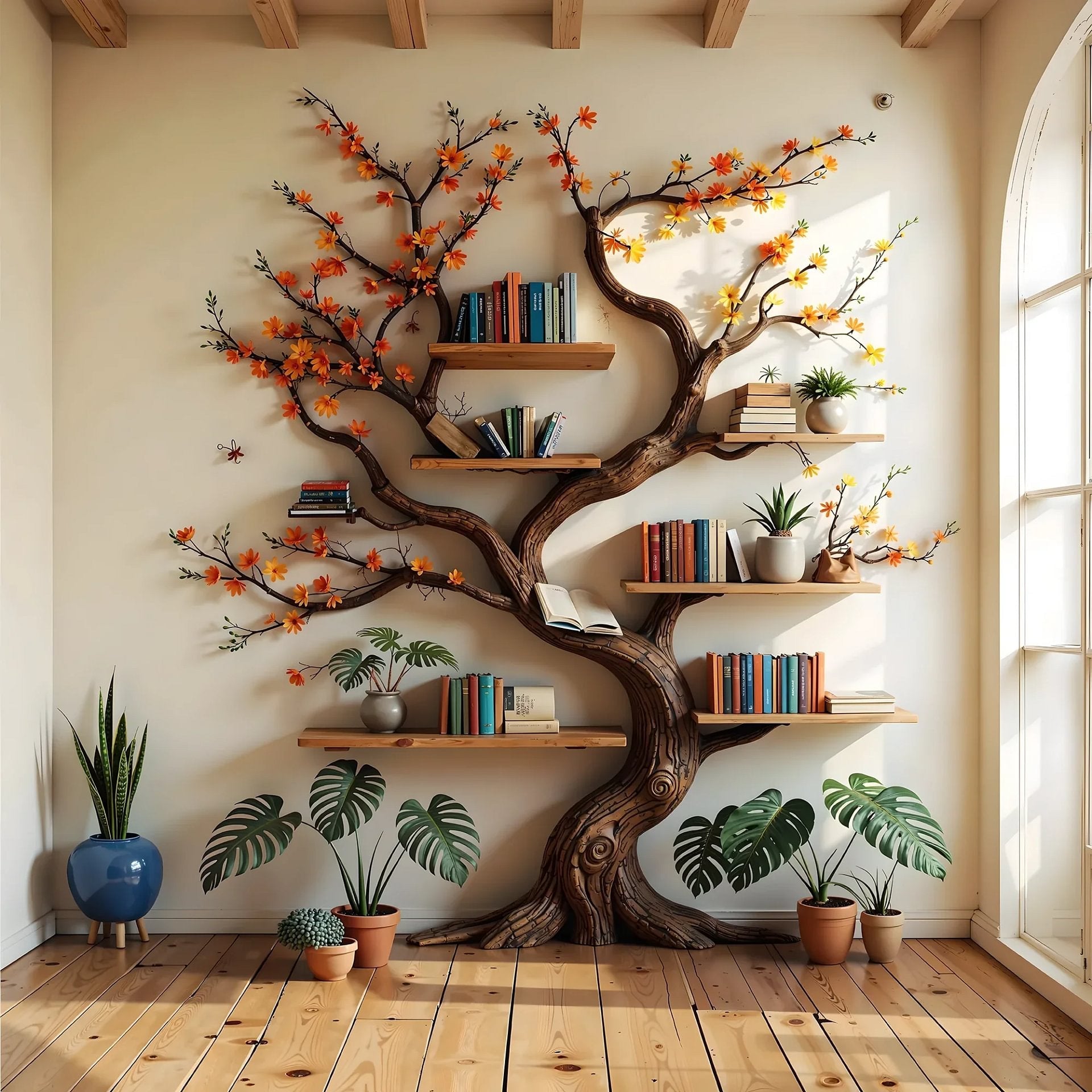 Branch-Shaped Wooden Bookshelf