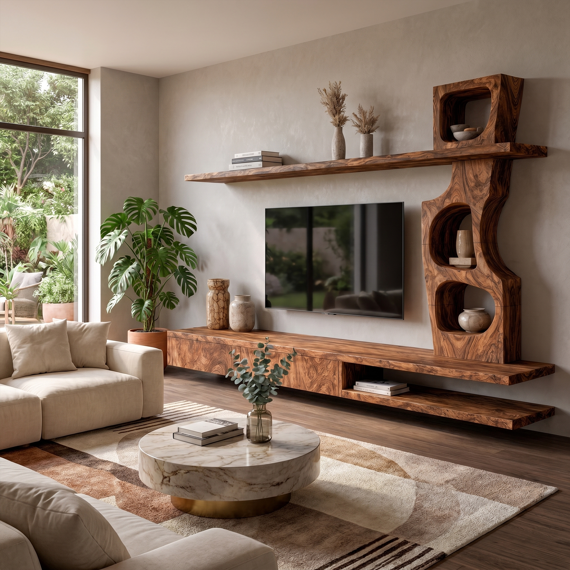 Sculptural TV Cabinet With Tree Inspired Storage Shelves For Living Room