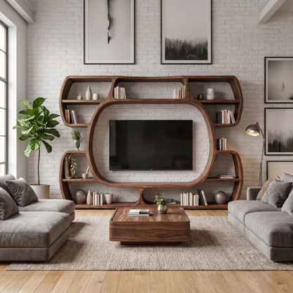 Organic Entertainment Center With Sculptural Surround Shelves For Living Room