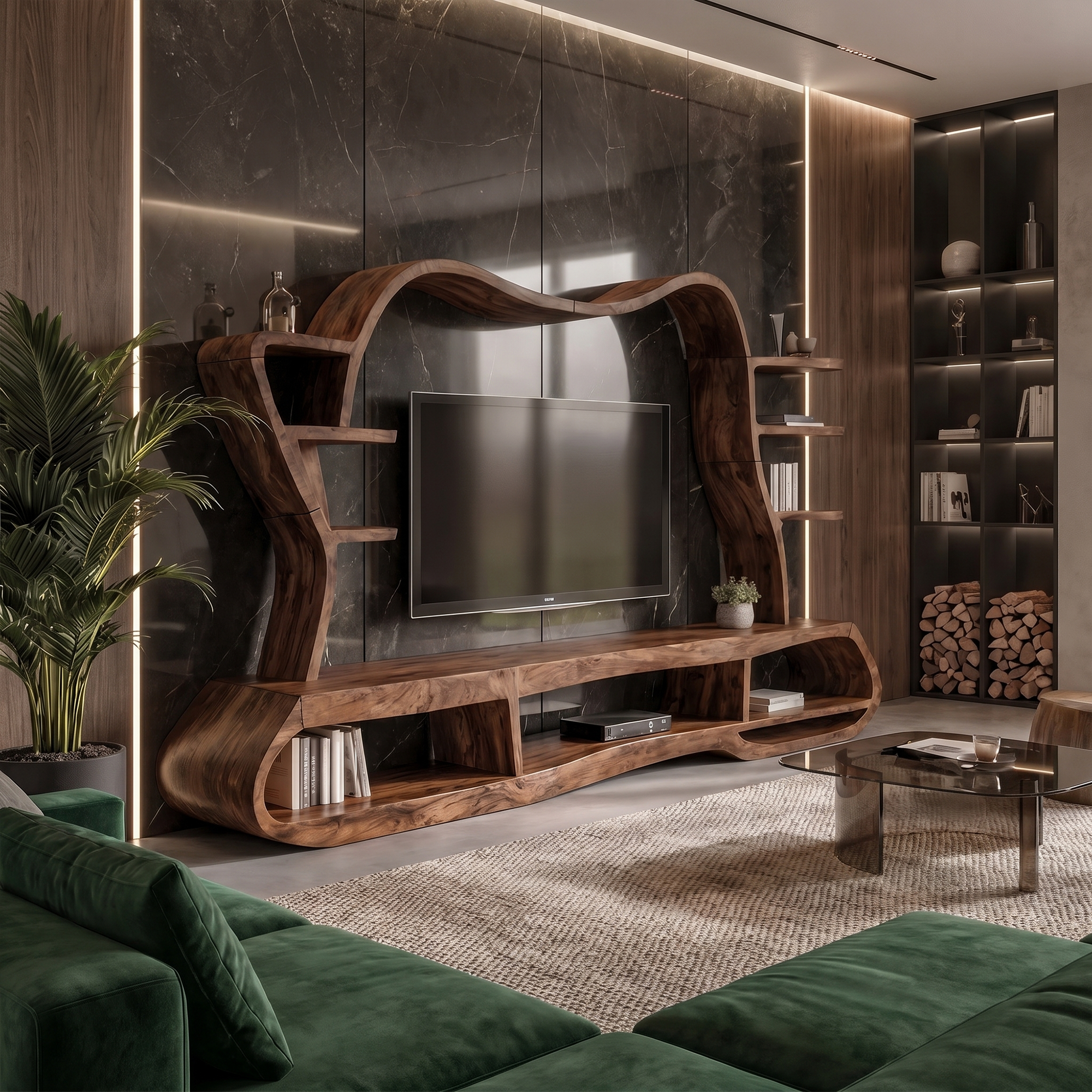 Modern Entertainment Center With Sculptural Curved Shelving For Living Room