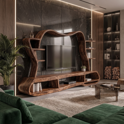 Modern Entertainment Center With Sculptural Curved Shelving For Living Room