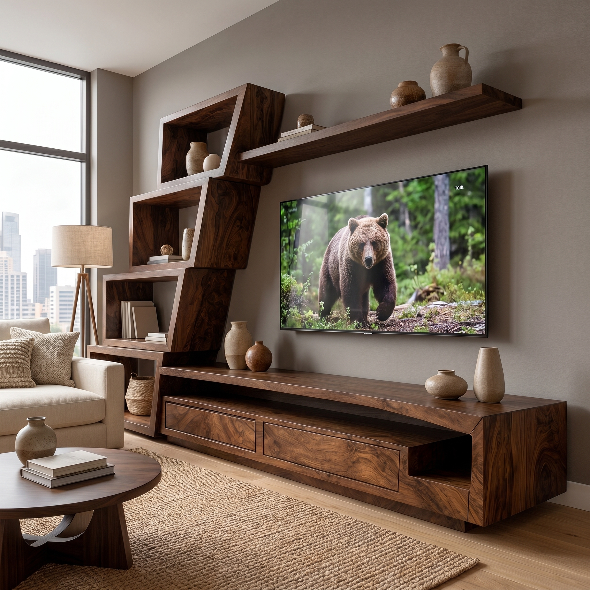 Organic TV Cabinet With Artistic Open Shelving System For Living Room