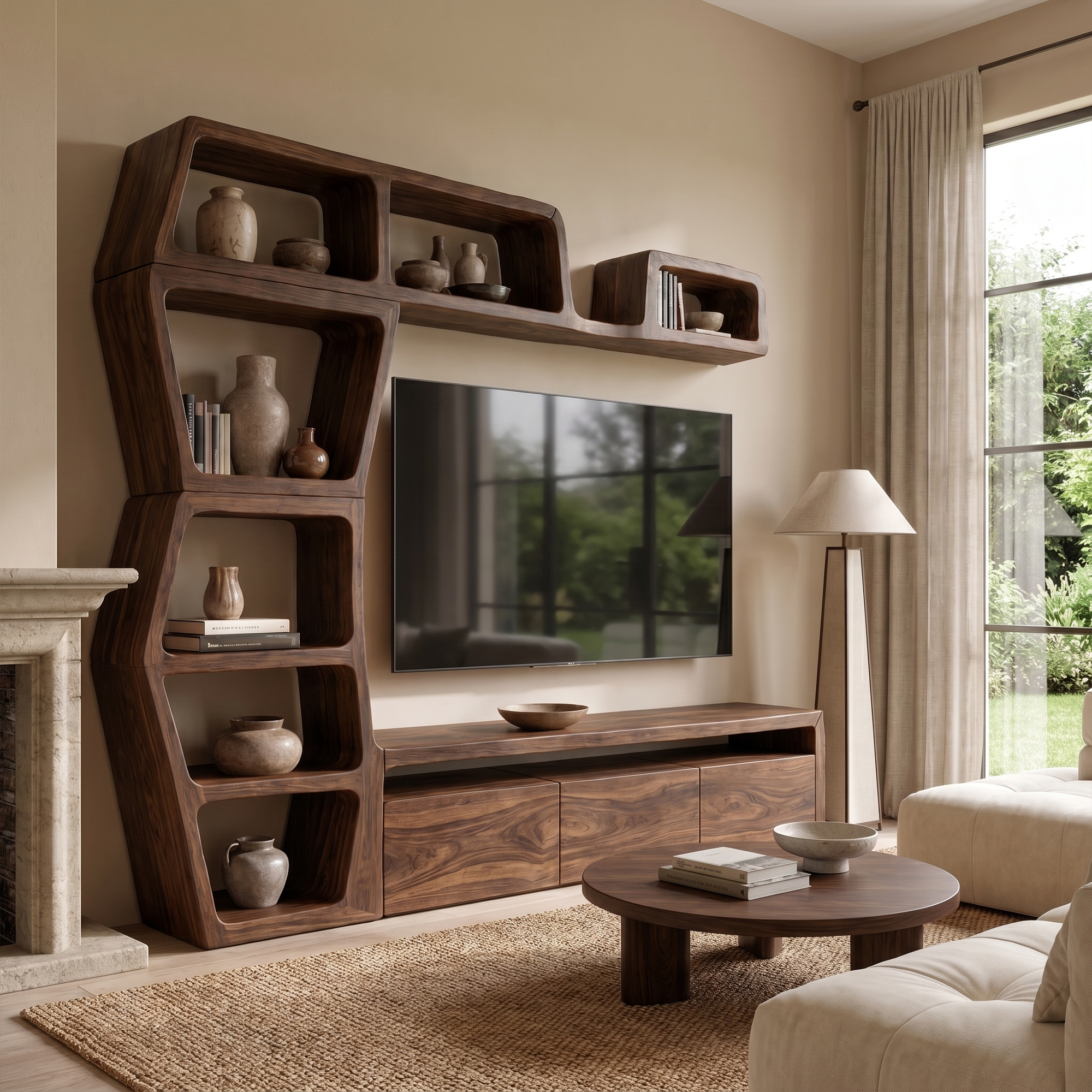 Contemporary Entertainment Center With Integrated Display Shelves For Living Room