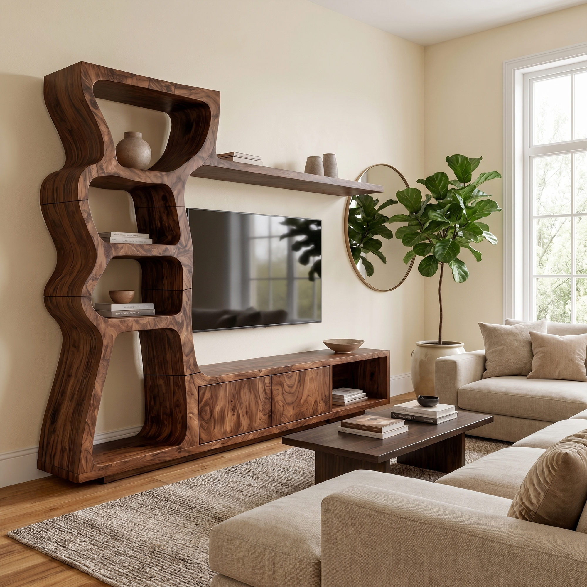 Modern TV Cabinet With Curved Built In Display Shelves For Living Room
