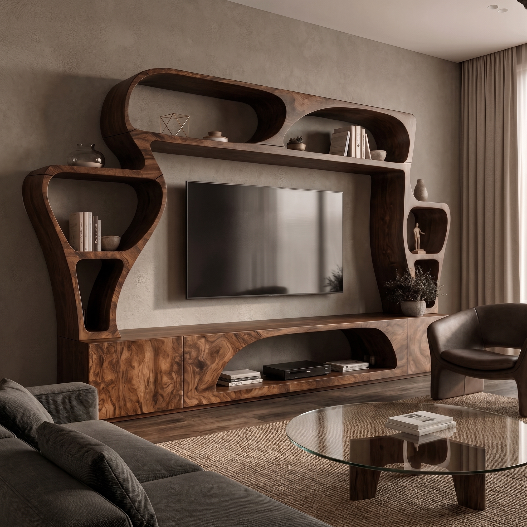 Statement TV Console With Sculptural Wall Storage System For Living Room