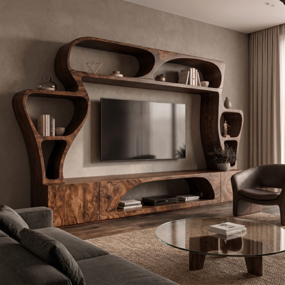 Statement TV Console With Sculptural Wall Storage System For Living Room