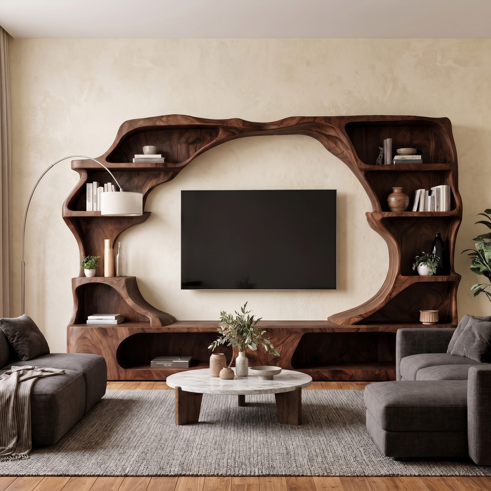 Nature Inspired Entertainment Center With Organic Display Shelves For Living Room
