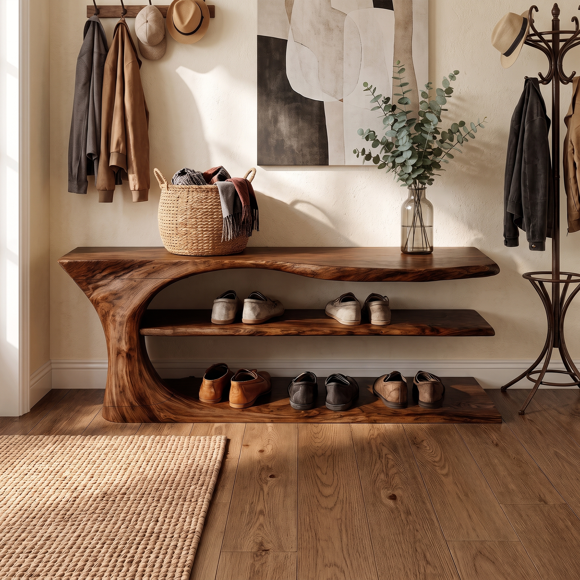 Mid Century Handcrafted Wooden Shoe Storage Bench Home