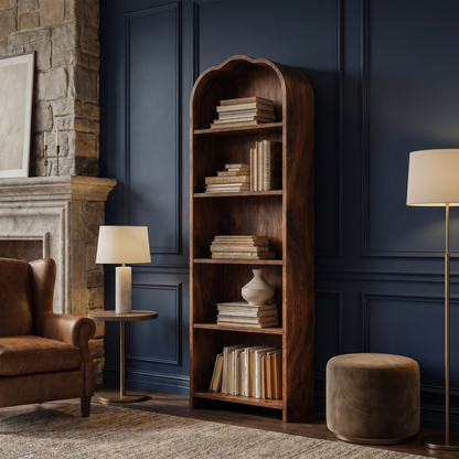 Rustic Arched Bookshelf With Solid Wood Frame And Open Display Shelves For Living Room