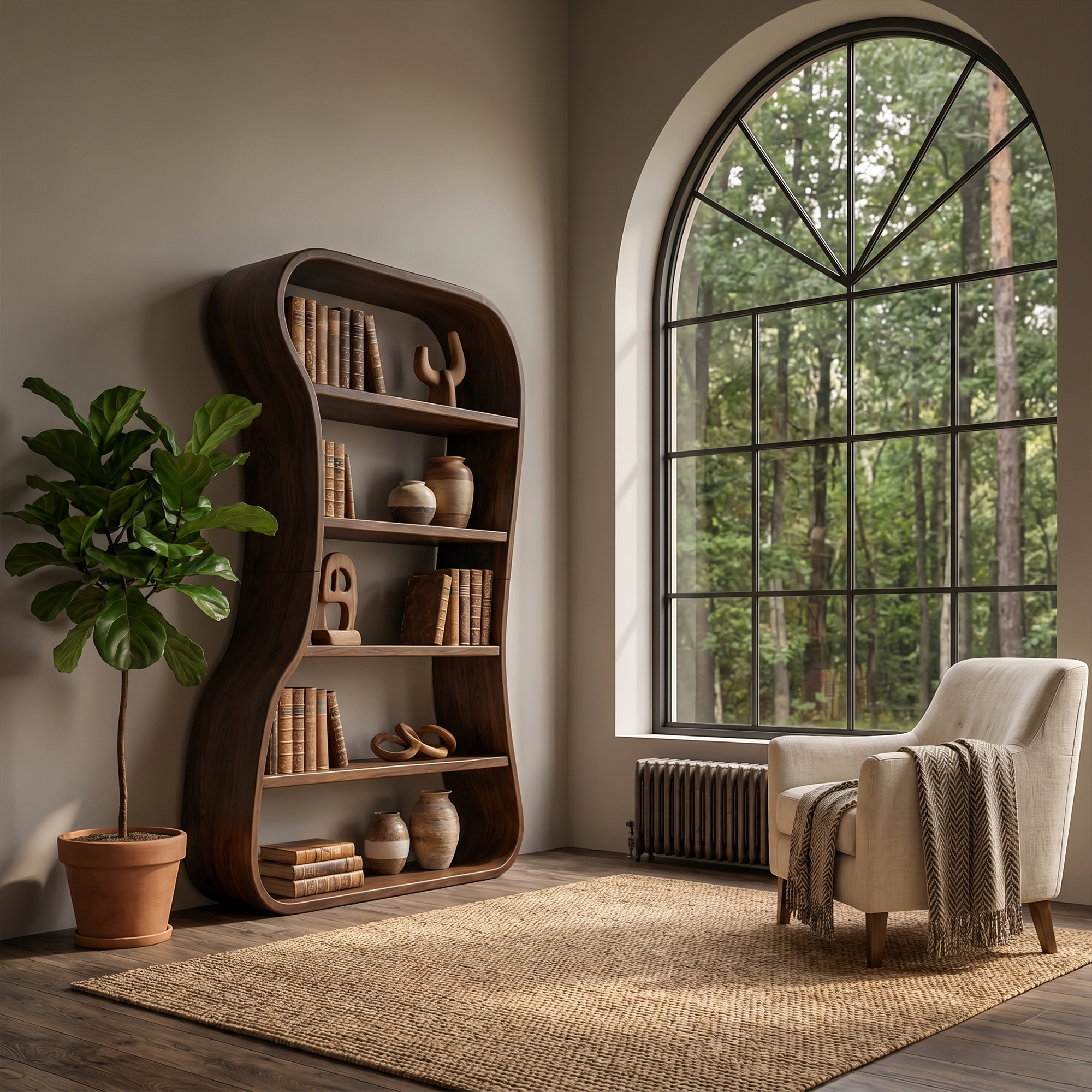 Organic Bookshelf With Sculptural Curved Solid Wood Shelves For Living Room