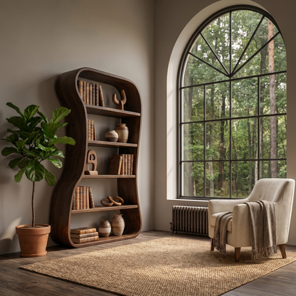 Organic Bookshelf With Sculptural Curved Solid Wood Shelves For Living Room