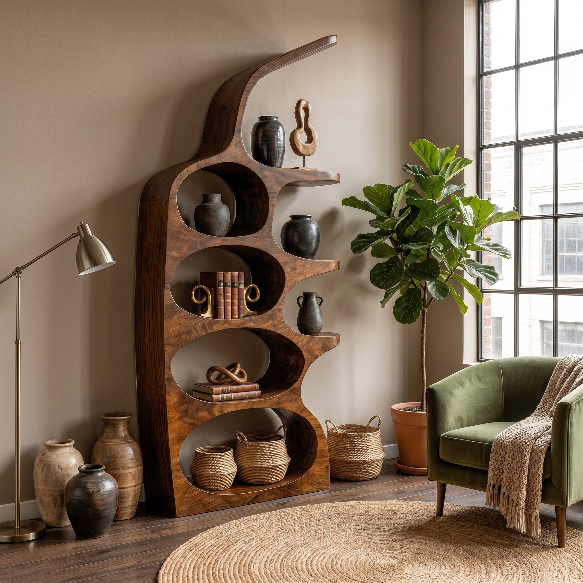Modern Sculptural Bookshelf With Curved Open Shelves And Solid Wood Design For Living Room