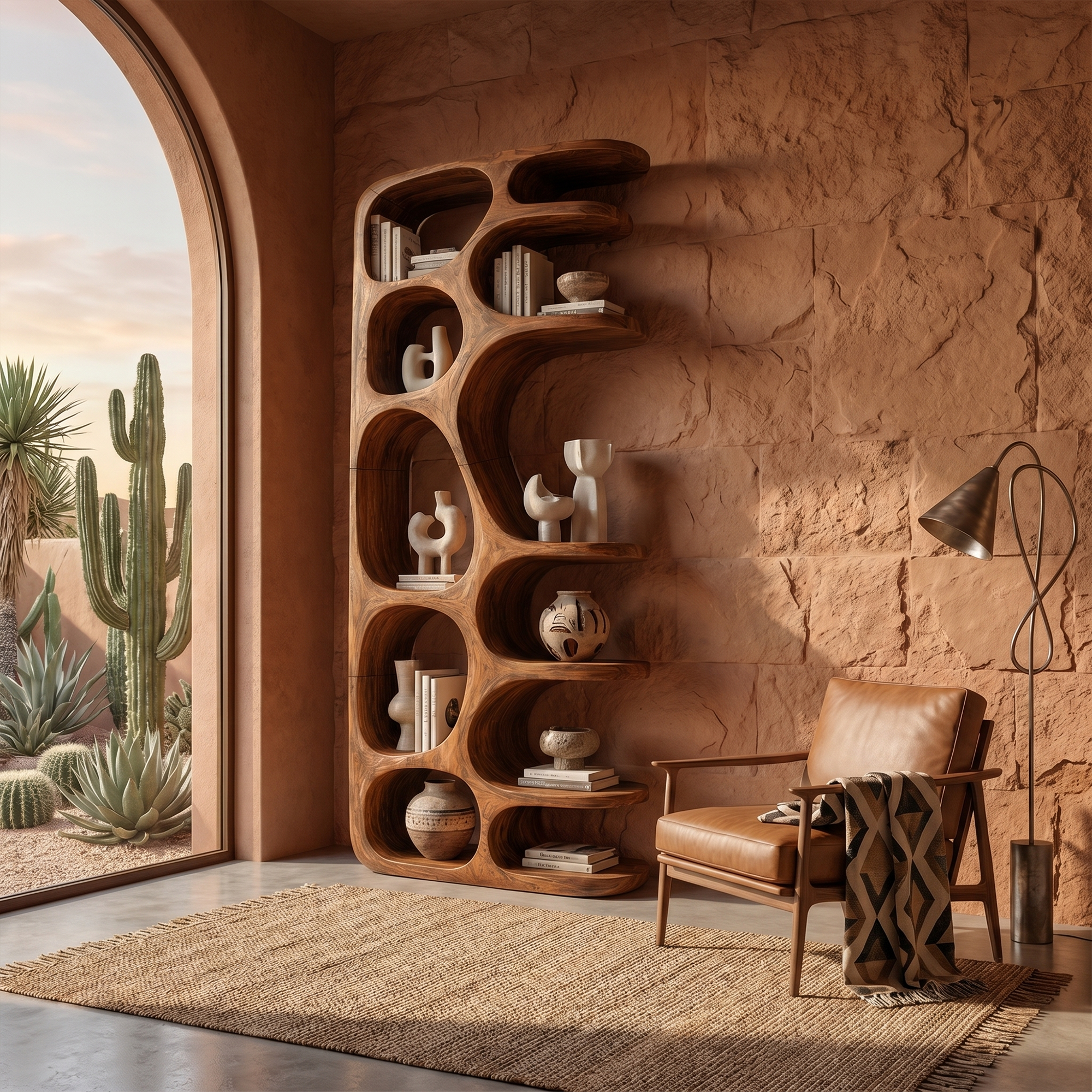 Minimalist Sculptural Bookshelf With Solid Wood Construction For Living Room