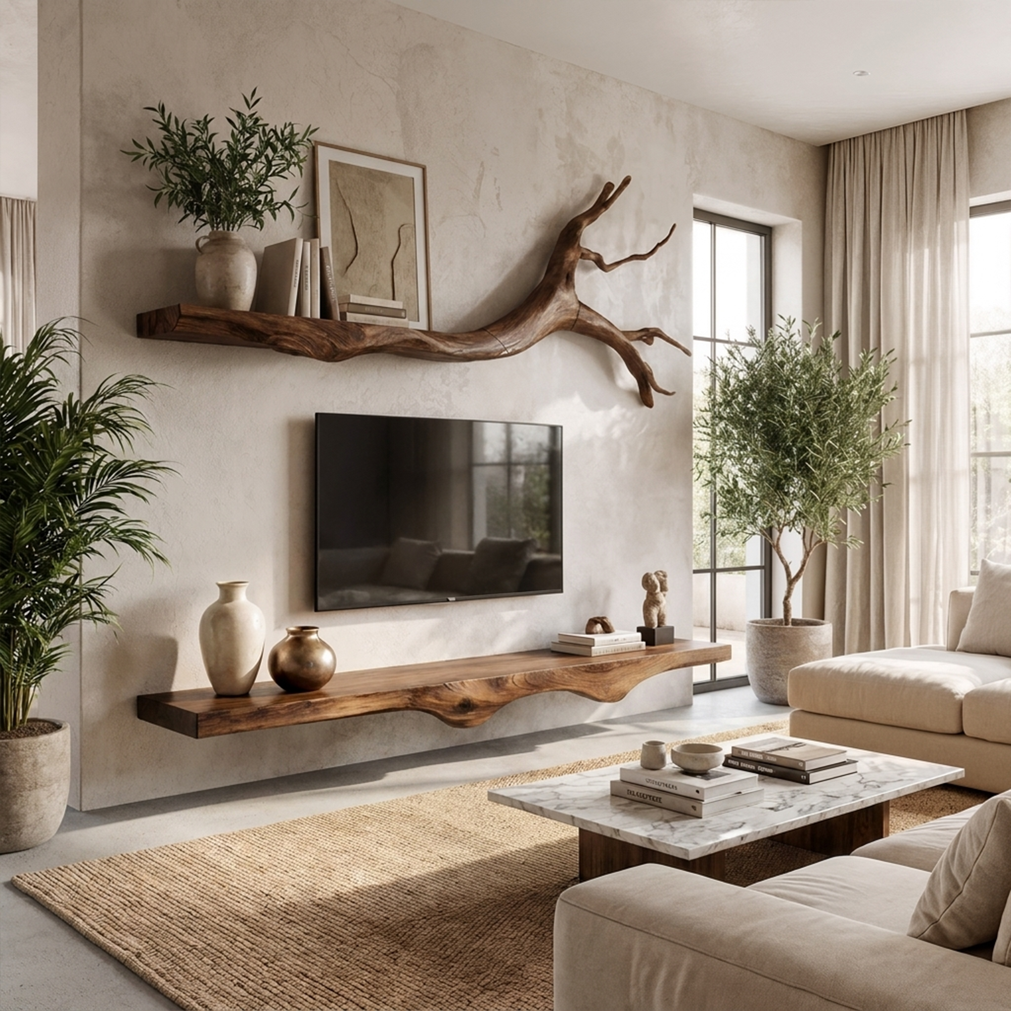 Set 2 Pieces Rustic Floating Wall TV Console Solid Wood Bedroom Living