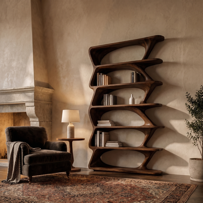 Modern Organic Bookshelf With Sculptural Asymmetrical Shelves And Solid Wood Frame For Living Room